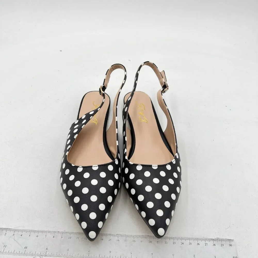 FOWT Black Polka Dots Pointed Toe Slingback Buckle Strap Womens Flats Daily Shoe - Picture 3 of 8